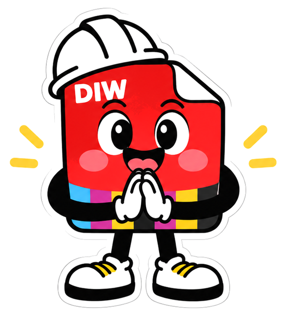 Maskot DIWPRINTING memakai helm proyek, memberi salam maaf